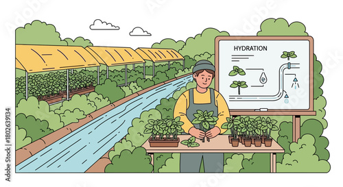 Illustration showcasing a young gardener growing plants in a serene nursery setup