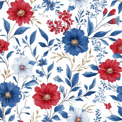 Watercolor seamless floral pattern in a patriotic red, white, and blue color palette. Hand-painted flowers and detailed blue leaves on a crisp white background.
