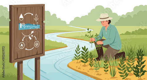 Illustration depicting water cycle education and ecological restoration initiative