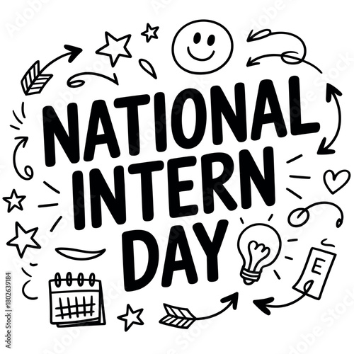 National Intern Day is celebrated with cheerful doodles and icons symbolizing ideas and progress.