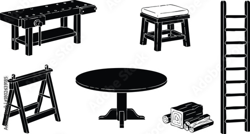 Collection of black silhouette woodworking furniture and tools including tables ladder and sawhorse vector illustration 