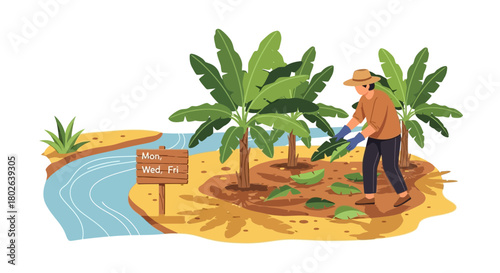 A Focused Farmer Cultivating Banana Plants by a Stream on a Sunny Day