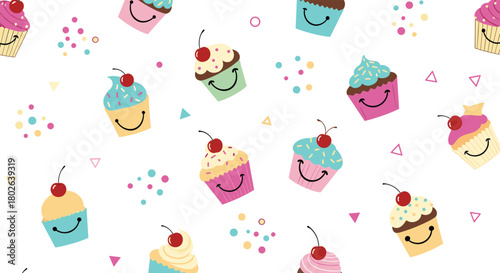 A delightful assortment of colorful cartoon cupcakes with smiling faces and cherries on top on a white background with confetti.