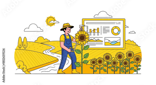 Farmer analyzing sunflower growth data using a digital interface in field