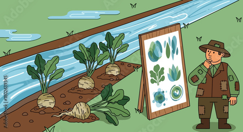 Conceptualized Farmer contemplates future harvests with a visual planting guide