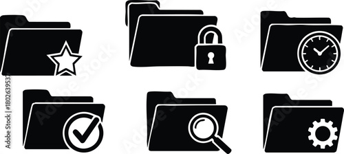Folder icons set with star lock clock check search and gear symbols for digital file management interface vector illustration 