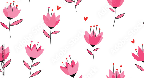 A repeating pattern of cute pink flowers with small red hearts scattered around on a white background.