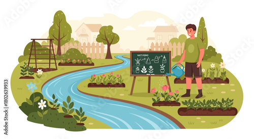 Man teaching garden watering techniques for healthy plant growth illustration