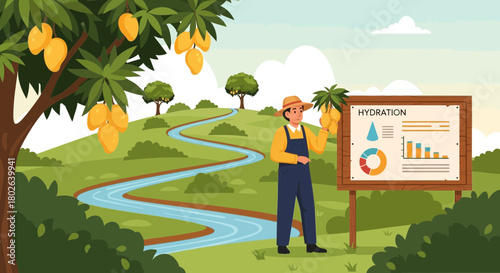 Mango farmer presenting hydration statistics in tropical agricultural landscape