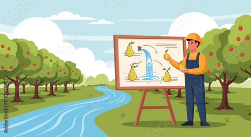 Illustrative orchard sustainability presentation with farmer by pear grove
