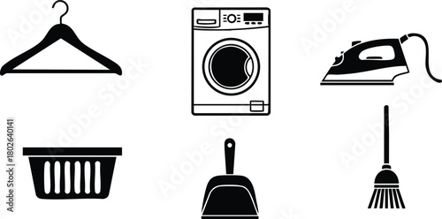 Laundry and Cleaning Household Items Vector Including Hanger Washing Machine Iron Basket Dustpan and Broom 