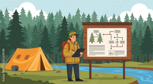 Illustrated camping scene with researcher, tent, and information board in a forest