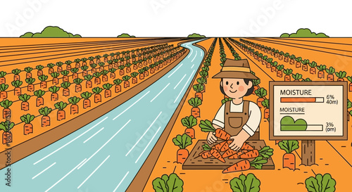 Illustration of a farmer harvesting carrots in a field with a moisture level sign