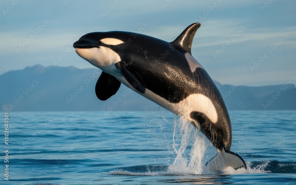 Fototapeta premium Orca whale breaching dramatically from deep blue ocean water with misty mountains background killer