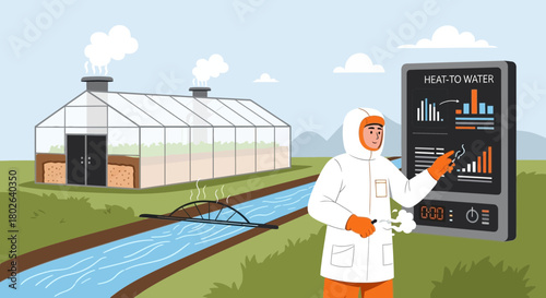 Innovative greenhouse utilizing heat-to-water technology monitored by scientist