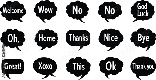 Speech bubbles with common greeting and response words in black silhouette vector illustration 