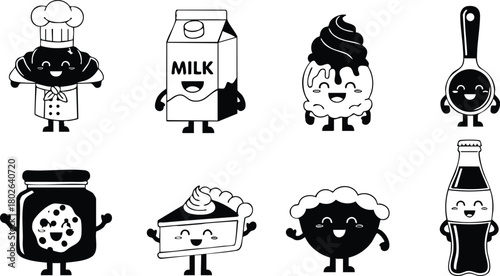Cartoon style black and white dessert and drink character vector set with chef and food items illustration 