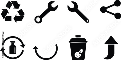 Recycling and Maintenance Icons Set with Share, Refresh, and Trash Symbols for Environment and Technology Vector Illustration 
