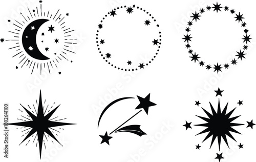 Moon and star celestial symbols set with various starburst and shooting star illustrations vector design 