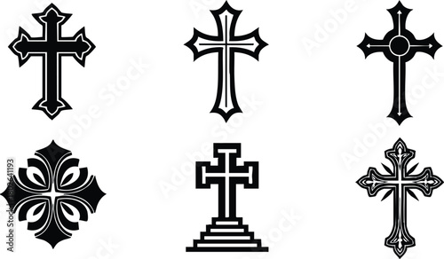 Collection of black and white Christian crosses vector illustration in various styles and designs for religious use and decoration 