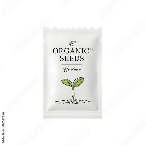 White packet of organic seeds with seedling illustration on transparent background