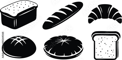 Various types of black and white bread loaf, baguette, croissant, round bread and sliced bread vector illustration 