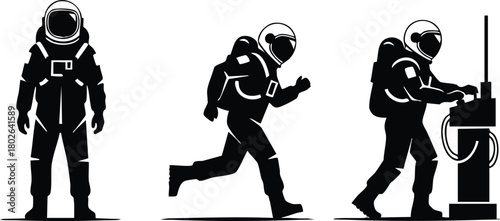 Astronaut silhouette set with walking, running, and standing poses in black and white vector style illustration 