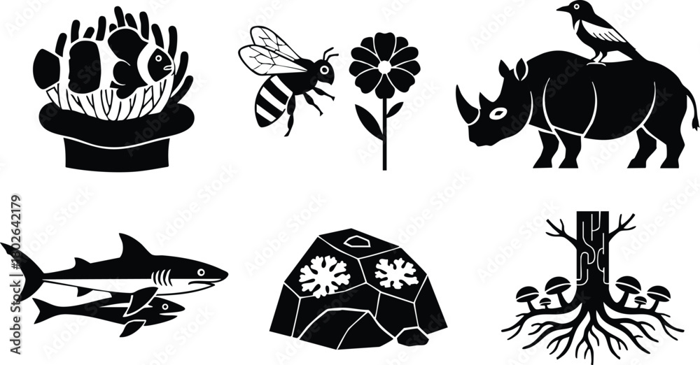 Obraz premium Wildlife insects animals plants nature icons vector set silhouette collection for design projects 