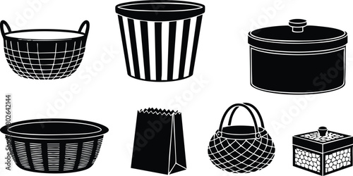 Collection of black and white kitchen and storage containers including baskets and boxes vector illustration 
