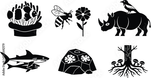 Wildlife insects animals plants nature icons vector set silhouette collection for design projects 