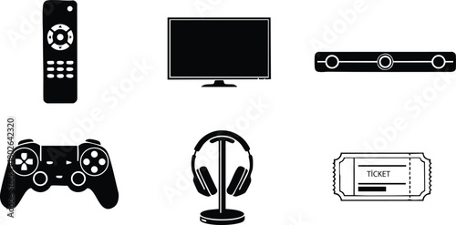 Home entertainment devices remote control television game controller headphones speaker and ticket vector icons illustration 