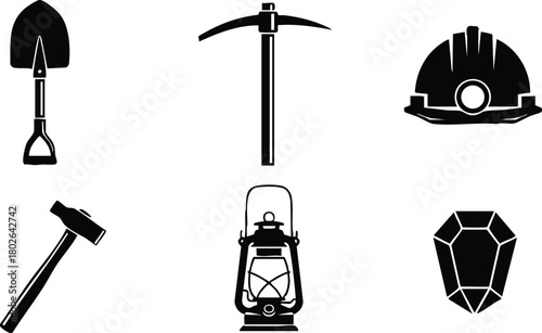 Mining tools shovel pickaxe hammer helmet lantern and coal vector icons set for industry and work safety illustration 