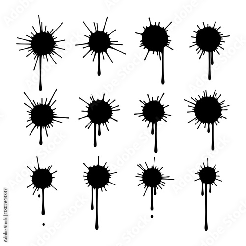 Set of Black Vector Ink Splatters, Paint Blobs, and Dripping Abstract Grunge Elements