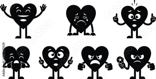 Heart character emoticons expressing various emotions in black silhouette style for digital communication and graphic designs 