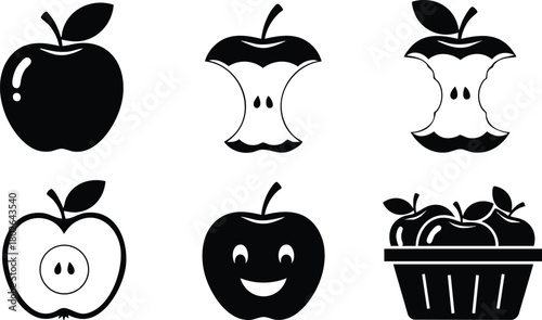 Black and white apple icons with whole fruit, sliced, smiling face, and basket of apples vector illustration 