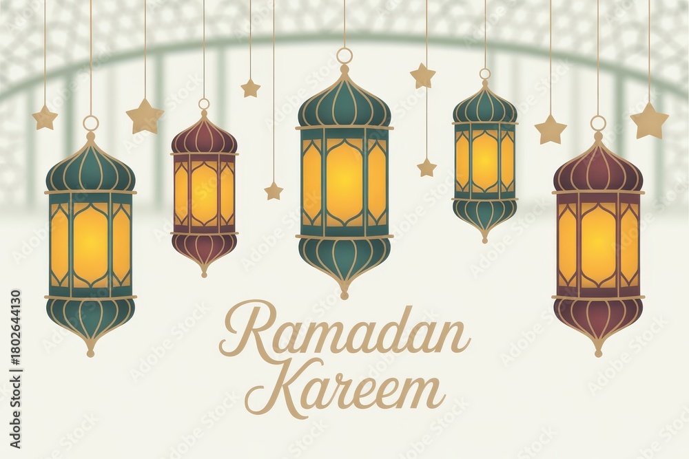 Obraz premium Islamic Ramadan Kareem greeting with hanging lanterns and stars card