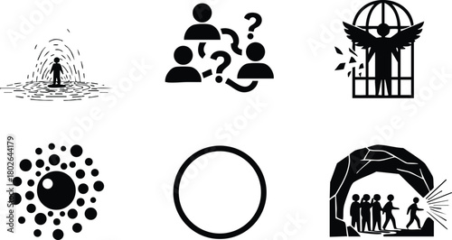 Prisoner behind bars with group discussion and virus particle icons vector illustration set 