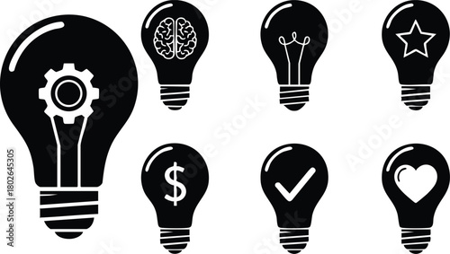 Light bulb icons set with various symbols including gear brain dollar check heart for creative ideas and innovation concepts vector 