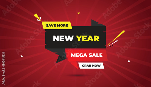 new year mega grab sale now save more web banner vector art template design badge icon label black gray yellow white red shapes bold text dark red light sun shine abstract business background