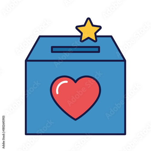 Charity donation box with heart symbol and star on top  