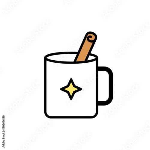 White mug with cinnamon stick and star design on white background  