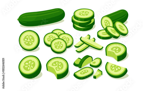 Fresh sliced and whole cucumber set with various cutting styles on white background