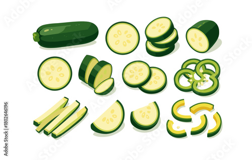 Fresh zucchini variations: slices, halves, and whole on white background