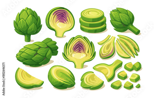 Colorful artichoke cut and whole collection on white background