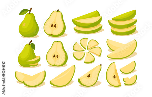 Fresh pears: whole, halved, and sliced in vibrant green