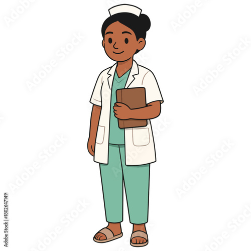 A smiling cartoon nurse in uniform holding a book, representing healthcare professionalism and care.