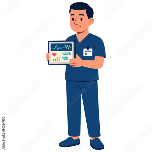 Healthcare professional holding a tablet displaying vital signs: ecg, blood pressure, and pulse rate data illustration.