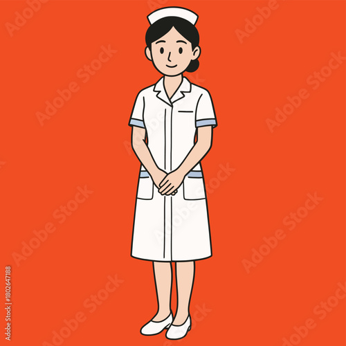 Smiling female nurse cartoon illustration standing in white uniform, representing healthcare and medical services