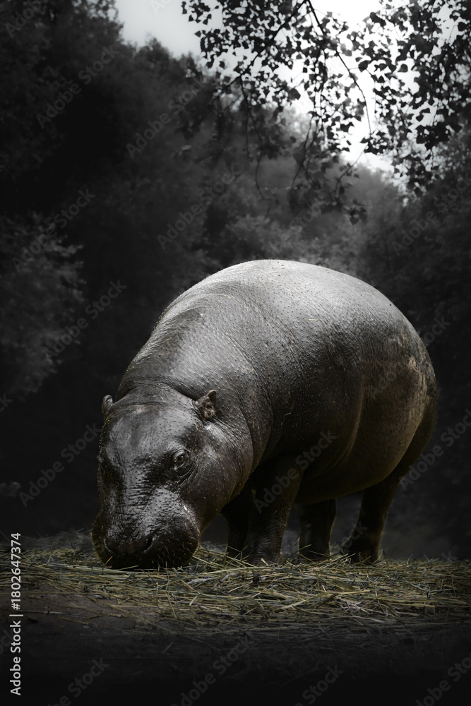 Fototapeta premium hipopotamo pequeño comiendo en la niebla