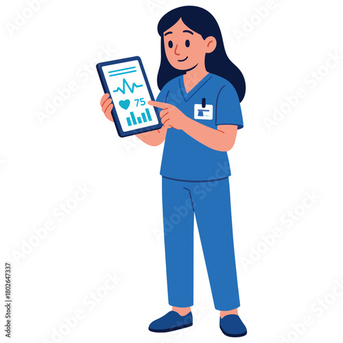 Female medical professional in blue scrubs holds a digital tablet showing health monitoring data and vital signs illustration.
